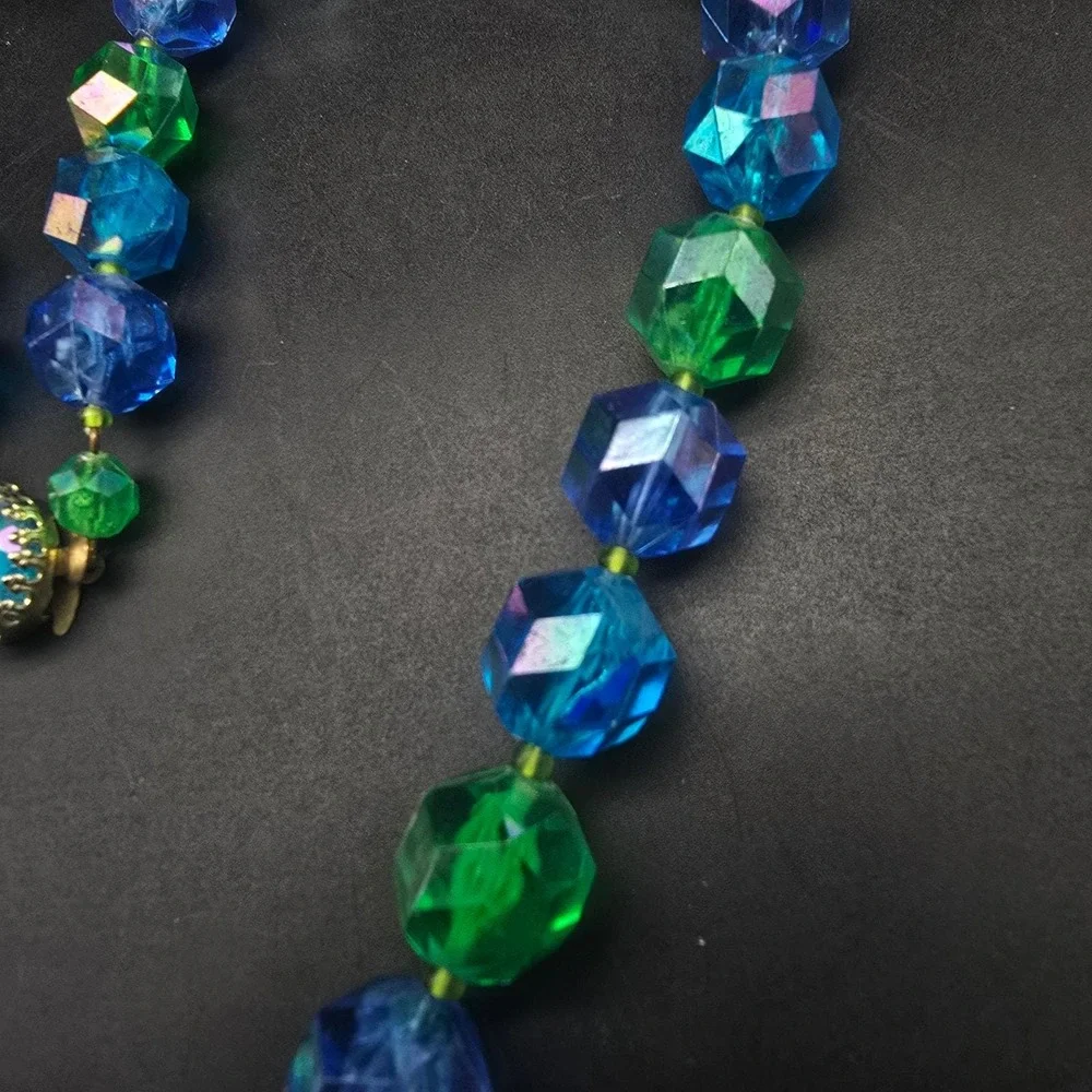 West Germany Blue Green Beaded Necklace Aurora Borealis Plastic Vintage